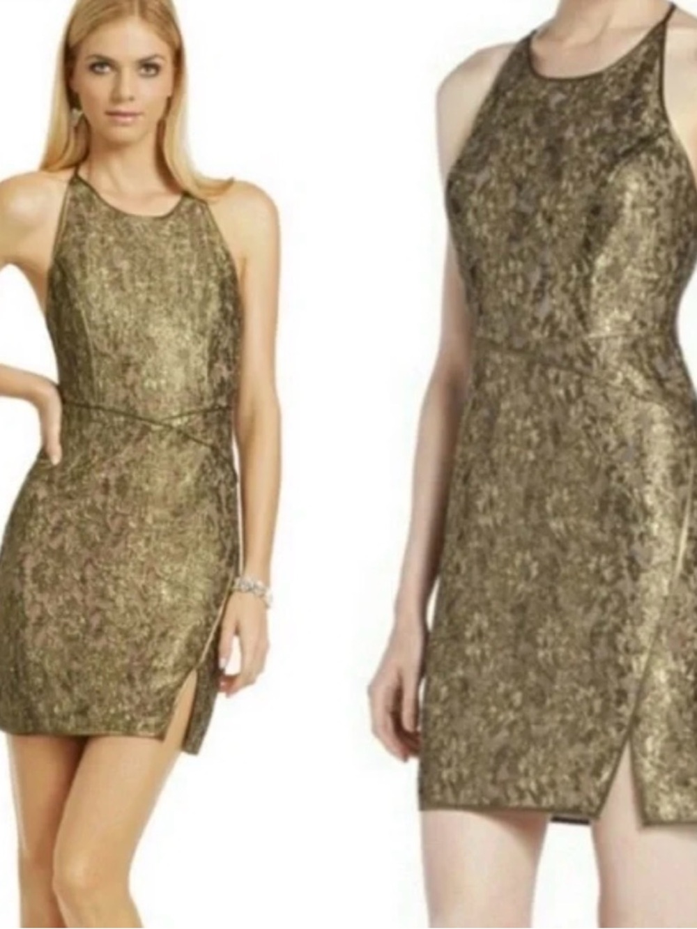BCBGMaxAzria Metallic Gold Lace Mini Dress Size S